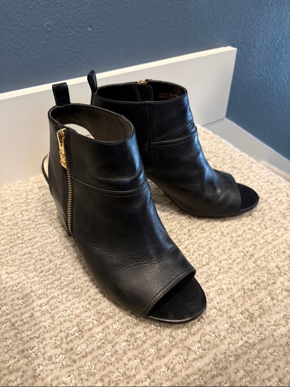 Cole Haan Black Leather Peep-Toe Ankle Mules with Gold Zip